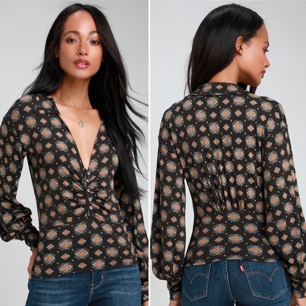 Free People Sydney’s Party Washed Black Print Long Sleeve Top Large retro 70s